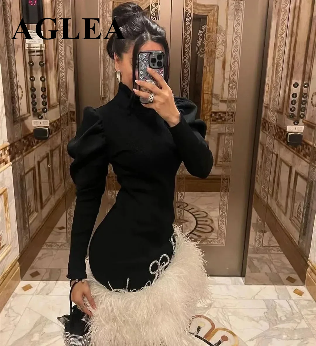 AGLEA Black Pink Bow High Collar Cocktail Dresses Long Sleeves Women Wear Luxury Feathers Edge Short/Mini Night Party Prom Gowns