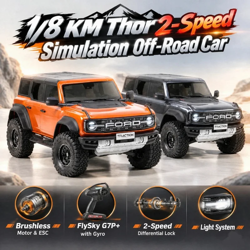 New KM Thor 1/8 2-Speed Brushless Remote Control Climbing Off-Road Car Differential Lock Simulation Ford Electric Model With LED