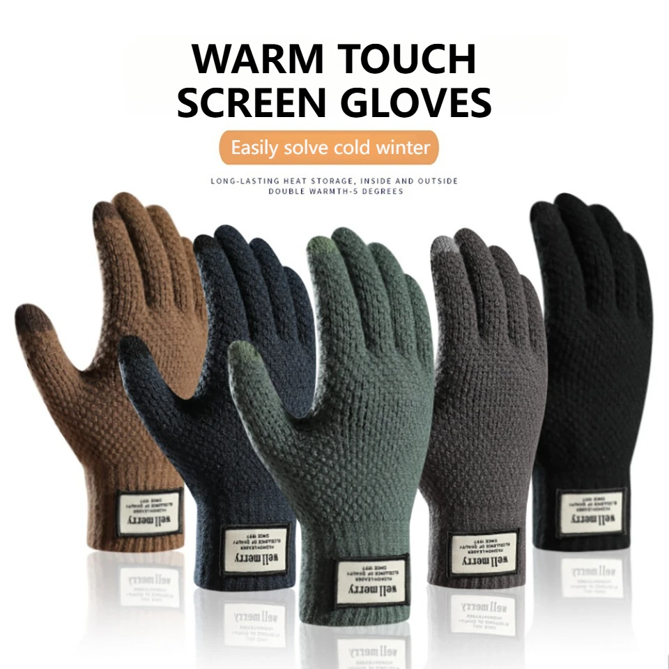 KoKossi Autumn Winter Thickened Knitted Gloves Touch Screen Warm Soft Gloves Wool Solid Men Outdoor Sports Windproof Gloves