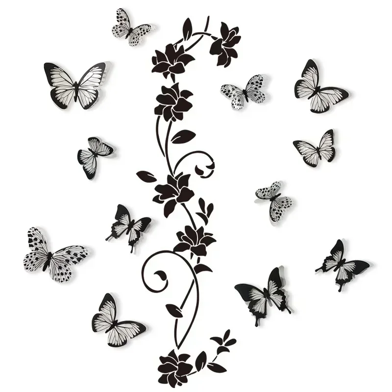 2024 New 3D Butterfly Wall Stickers  Black Flower Rattan Living Room Background Room Wall Stickers Dark Style 38*43cm Home Decor