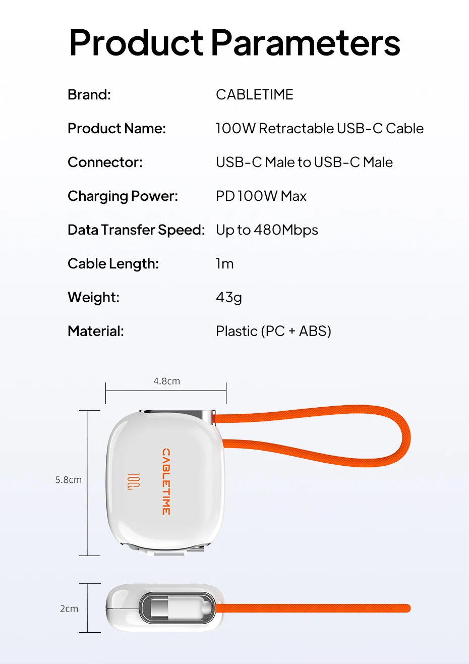 CABLETIME 100W USB-C zu USB-C Kabel Einziehbares Kabel PD-Kabel Schnellladung für iPhone 17 Samsung HUAWEI Reisekabel – Detail 13