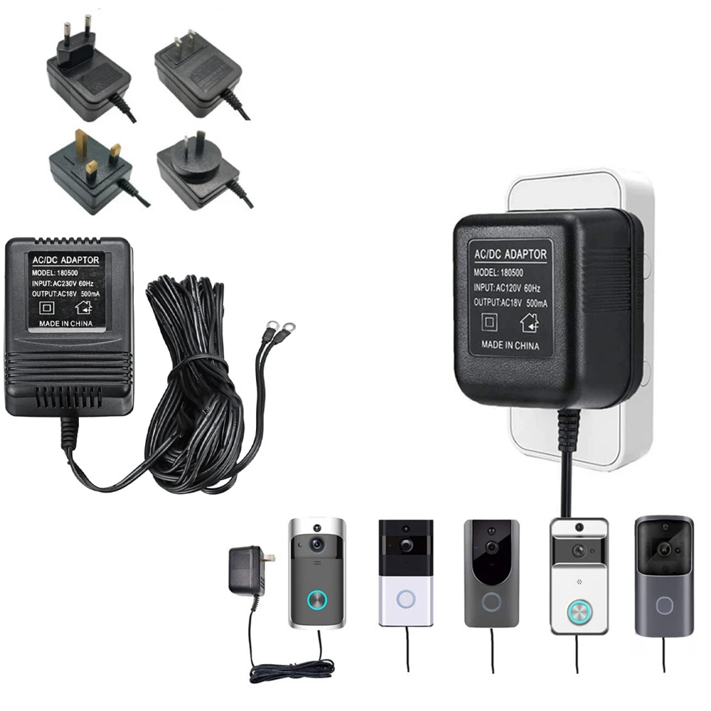18V 500mA Power Supply Charging Adapter Charger for Video Ring Doorbell Transformer 5M/8M/10M AC100-240V UK/EU/AU/US Plug