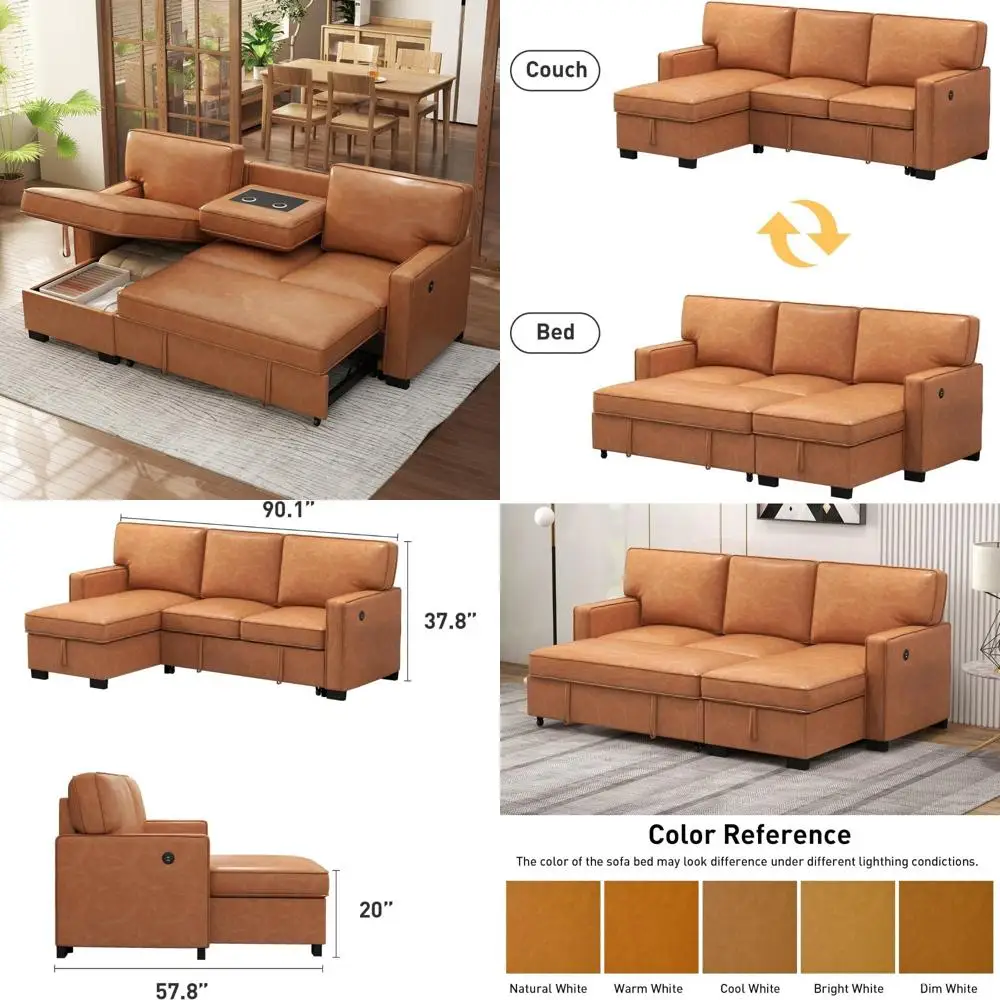 أريكة نوم قابلة للتحويل 3 في 1، أريكة حديثة من الجلد الصناعي على شكل حرف L، سرير أريكة فوتون مقطعي لغرفة المعيشة، تصميم قابل للسحب لـ C