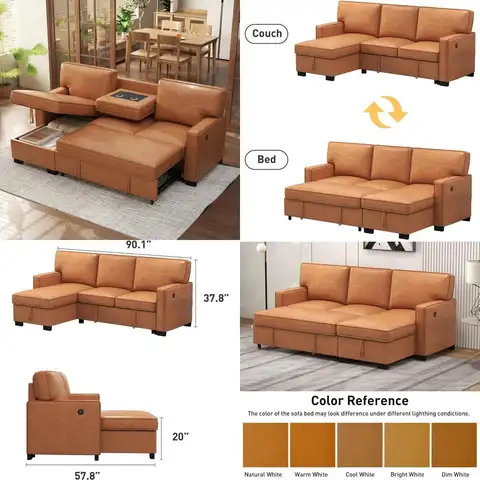 Sofá cama convertible 3 en 1, sofá moderno en forma de L de piel sintética, sofá cama futón seccional para sala de estar, diseño extraíble para C