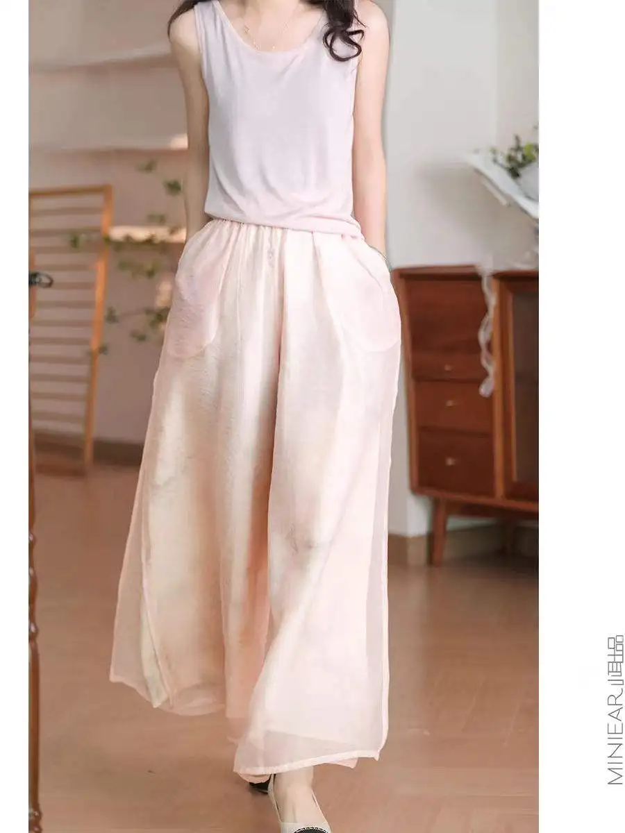 Ele Vintage Damen-Hose mit weitem Bein, bedruckt, Kaltton, Blumenmuster, Schneefee, Aosphere, hohe Taille, gerader Schnitt, Freizeithose