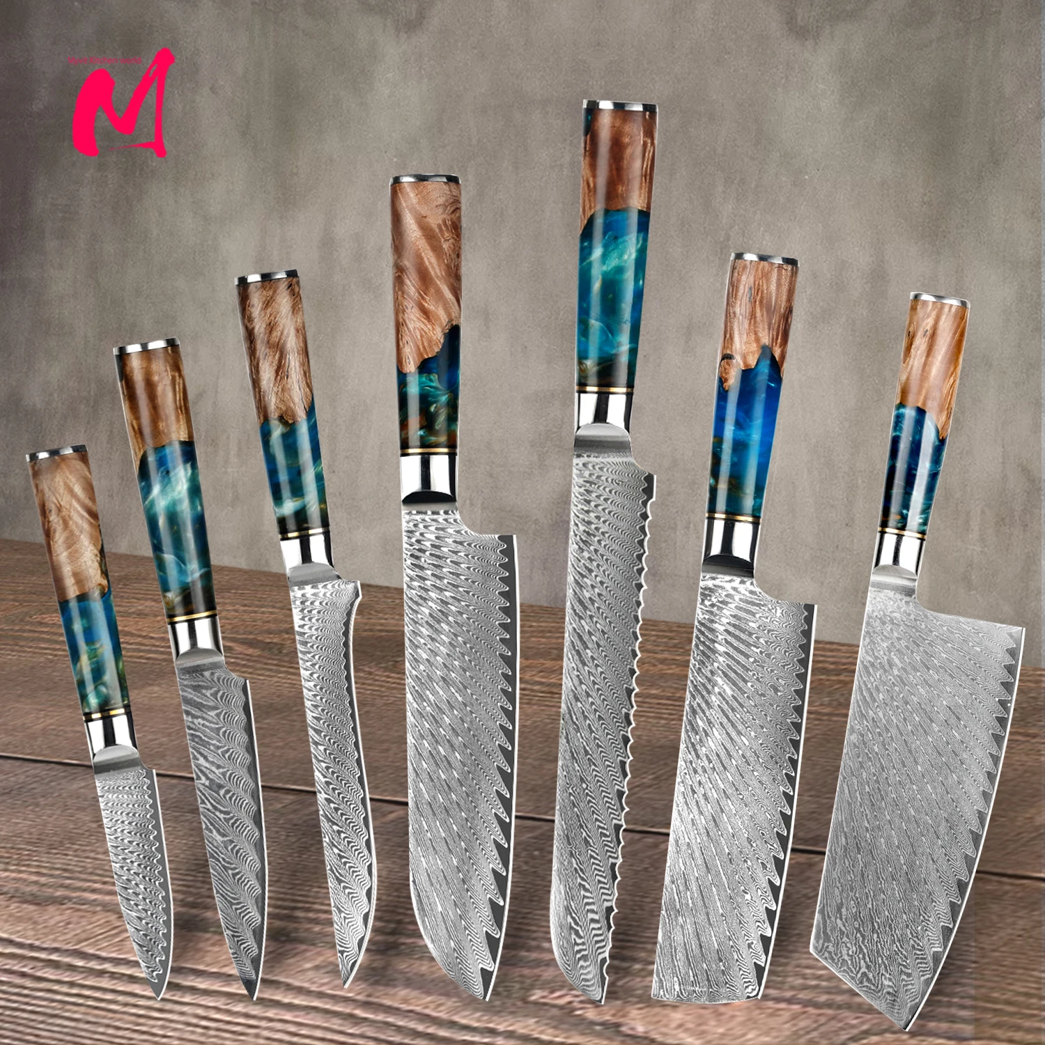 Kitchen Knives-Set Damascus Steel VG10 Chef Knife Cleaver Paring Bread Knife Blue Resin and Color Wood Handle set