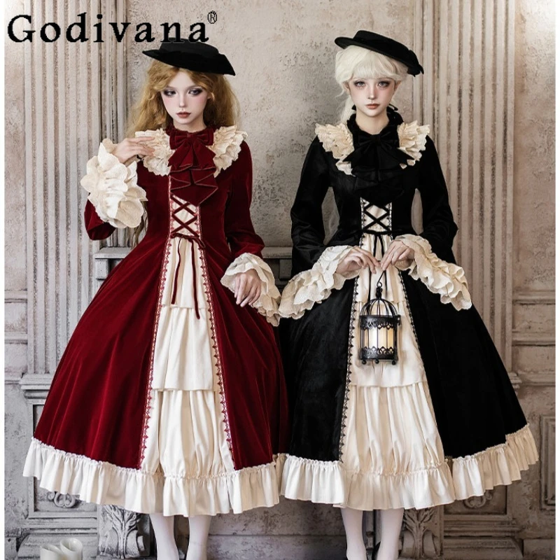 

Original Ruffled Long OP Dress for Women Japanese Style Autumn Winter Black Sweet Long Dress Female High Street Princess Dress