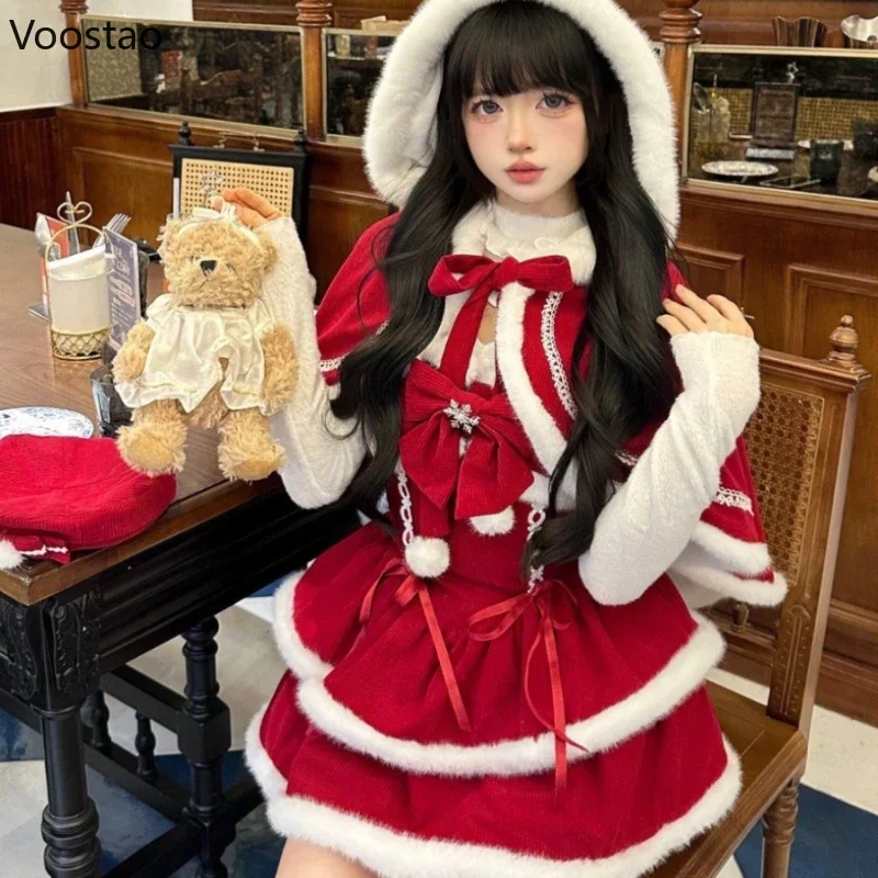 Winter Sweet Christmas Red Lolita 3 Piece Set Women Japanese Lace Up Hoodie Cloak Solid Top Cute Dress Suit Female Kawaii Outfit