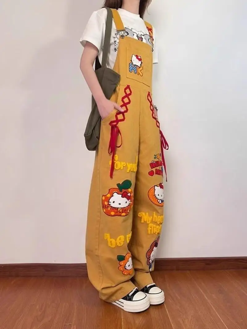 سانريو مرحبا كيتي سراويل الرجعية Kawaii Y2K السراويل الصيف فضفاضة النمط الأمريكي معدات العمل الترفيه واسعة الساقين الفتاة السراويل