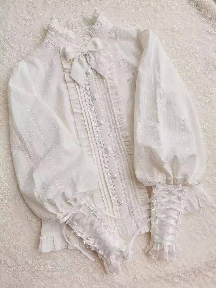Sweet Lolita Lace Patchwork Shirt Women Y2K Japanese Cotton Lace Up Long Sleeve Blouse Loose Kawaii Preppy All Match Top Female