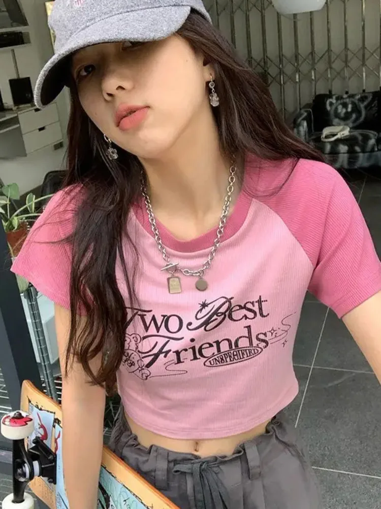 

Y2k Pink Harajuku T-shirt Slim Fit Summer High Waist Open Navel Top T-shirt Women's Retro Half Sleeve Hotsweet American Letter O