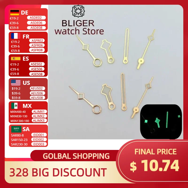 BLIGER NH34 GMT Relógio Mãos Ouro Rosa/Ouro Mãos Verde Luminoso Adequado para NH34A NH34 DG3804 movimento Relógio mãos Peças