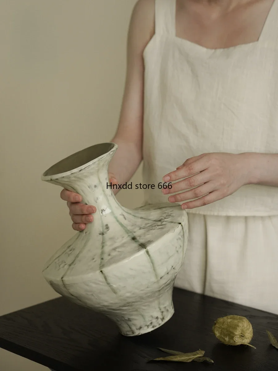 Milk green line handmade ceramic vase new Chinese high-end living room dining table flower arrangement