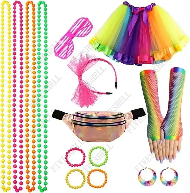 80s Fancy Dress For Women Neon T-Shirt Necklace Earrings Fishnet Leg Warmers Tutu Skirt Set 1980s Women/Festival Accessories Set