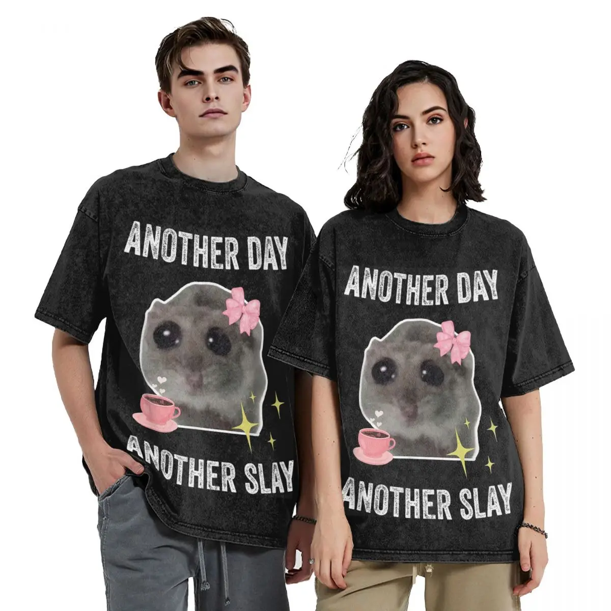 Sad Hamster Another Day Slay Washed T Shirts Vintage Short Sleeve Hip Hop T-Shirt Streetwear Tops Tees for Men Women