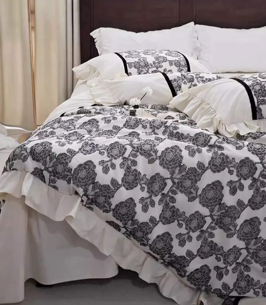 French romantic sweet floral rose brown bed set,full queen king vintage ruffled home textile bedspread pillow case duvet cover