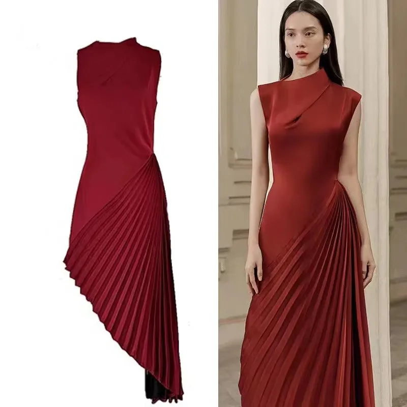 News Party Evening Spring Summer Women Casual Off The Shoulder Sleeveless O Neck Red Banquet Folds Wedding For Female Dresses