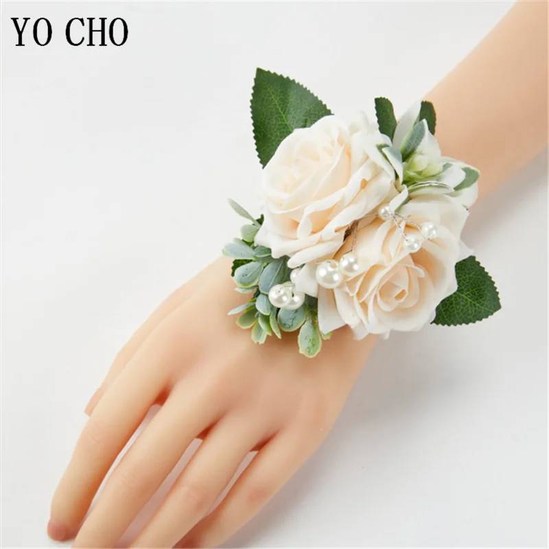 YO CHO-White Silk Rose Boutonniere para homens, broche Buttonhole, dama de honra pulseira Corsage, noivo cerimônia flor, flor do casamento