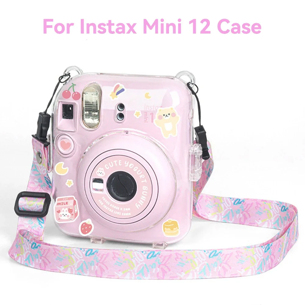 حقيبة كاميرا لـ Instax Mini 12 حافظة شفافة غطاء للحماية حزام الكتف حقيبة التخزين حزام حماية ملصق مجموعة من 3 قطع