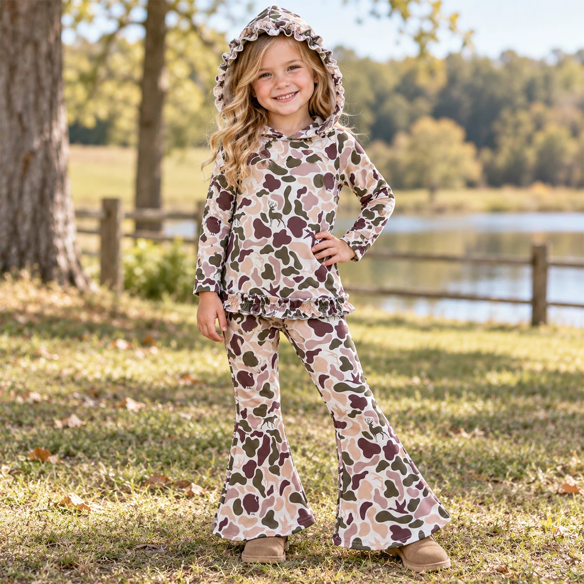 Kids Clothing Cute Boutique Baby Girl Ducks Deer Camo Ruffle Hoodies Bell Bottom Pants Hunting Clothes Sets Outfits Wholesale