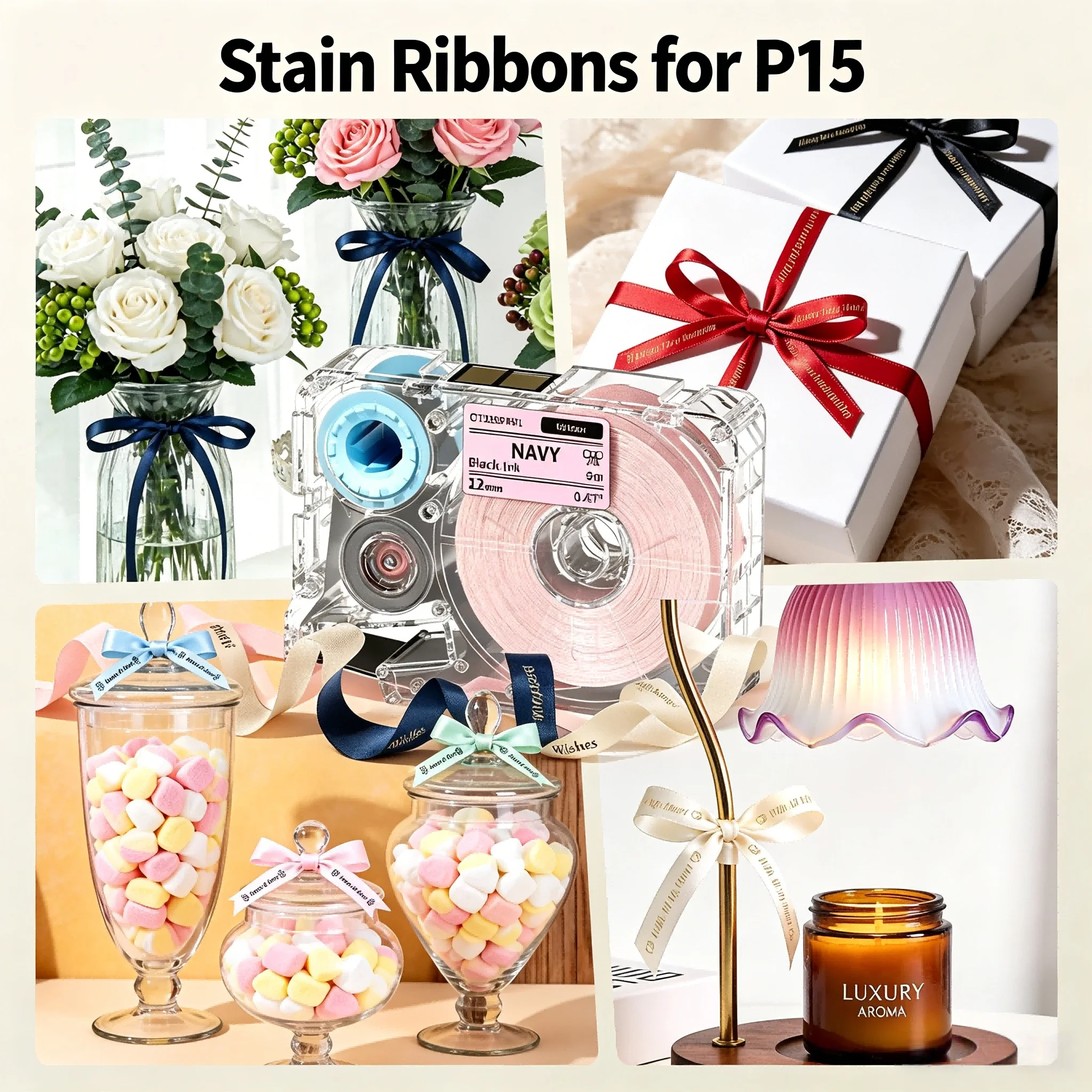 

A30 P15 Ribbon Label, Exclusive Embellish Pink Navy Beige Satin Ribbon, Fabric Ribbons for Gift Wrapping, Bows Bouquets