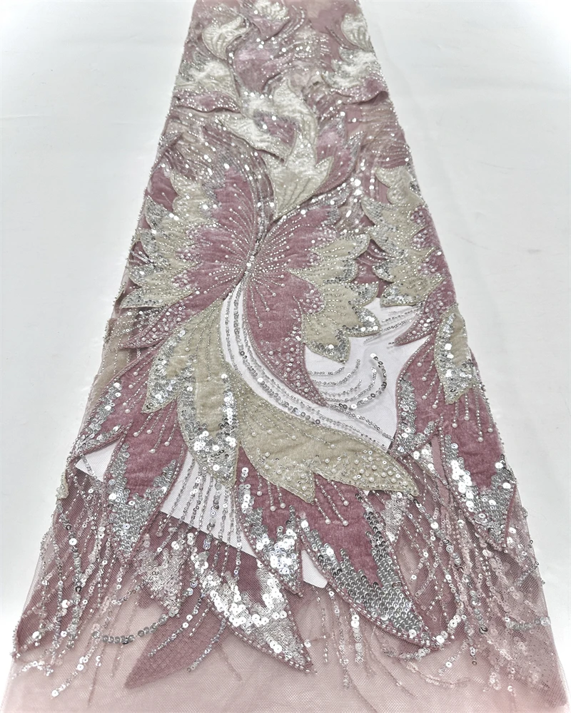 Tessuto di pizzo con perline africane di lusso in maglia di velluto francese con paillettes ricamate per abiti da sera da festa Nuovo design