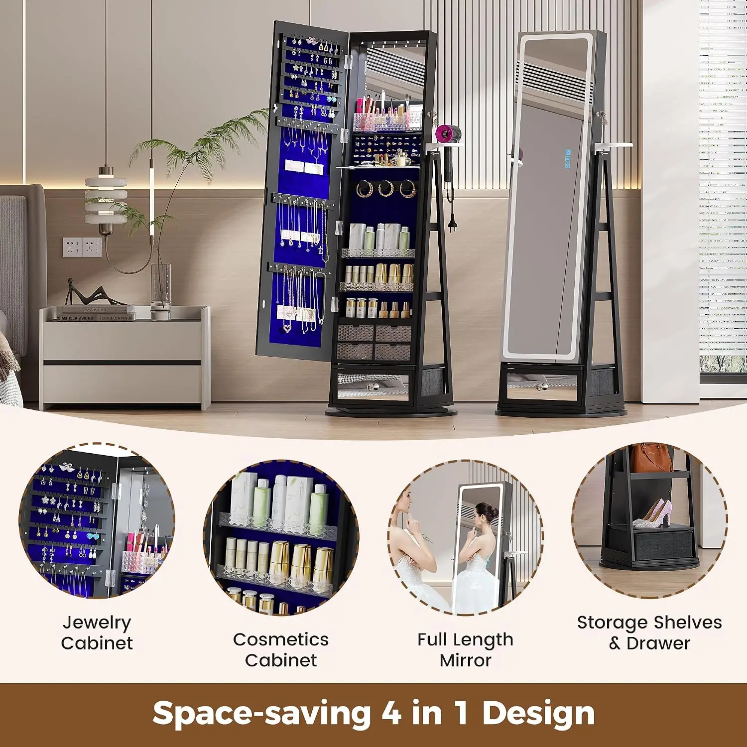 Jewelry Cabinet with LED Mirror 360° Swivel Remote Control RGB Lighting Storage Shelves Drawer, Customized view 5