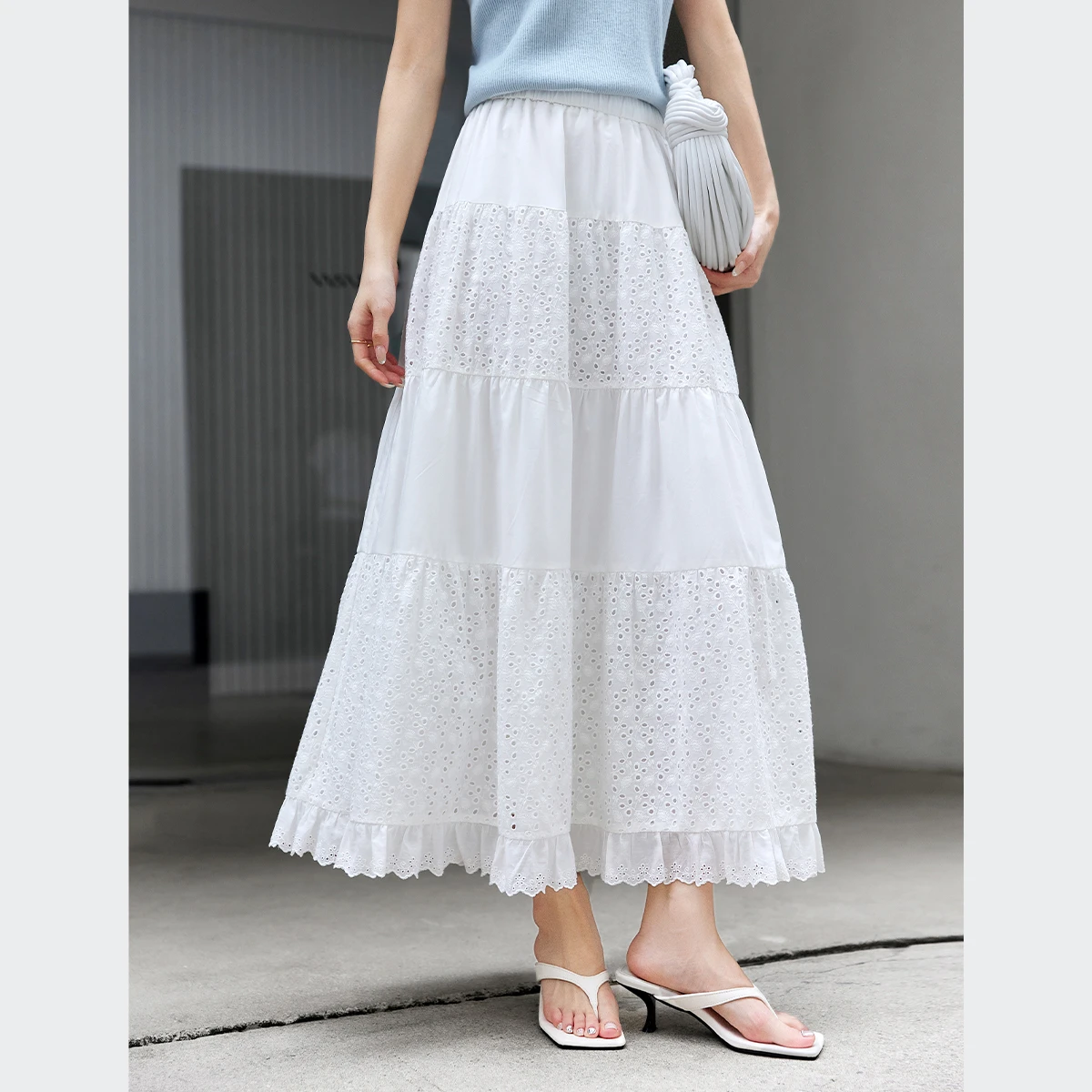 VIMLY Cloud White Spliced Lace Trim Skirt for Women 2026 Fall Draped Loose Umbrella Skirt Elegant Holiday Female Clothing A0298