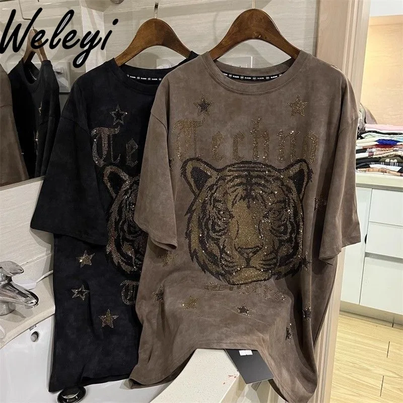 

Summer Oversized Hot Diamond Tiger Head Letter T-Shirt Woman Fashion Vintage Loose Short Sleeve Versatile Tee Top Grunge Clothes