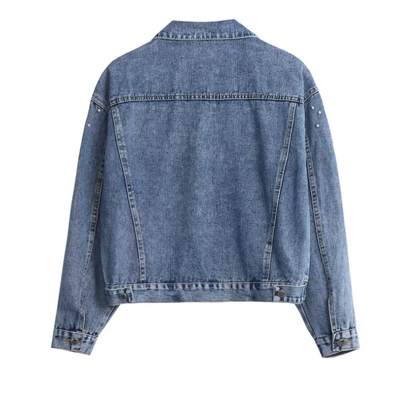 2025 Women's Korean Edition Loose Long Sleeve Short Coat Spring Autumn New Heavy Industry Five Dragonfly Nail Bead Denim Jacket