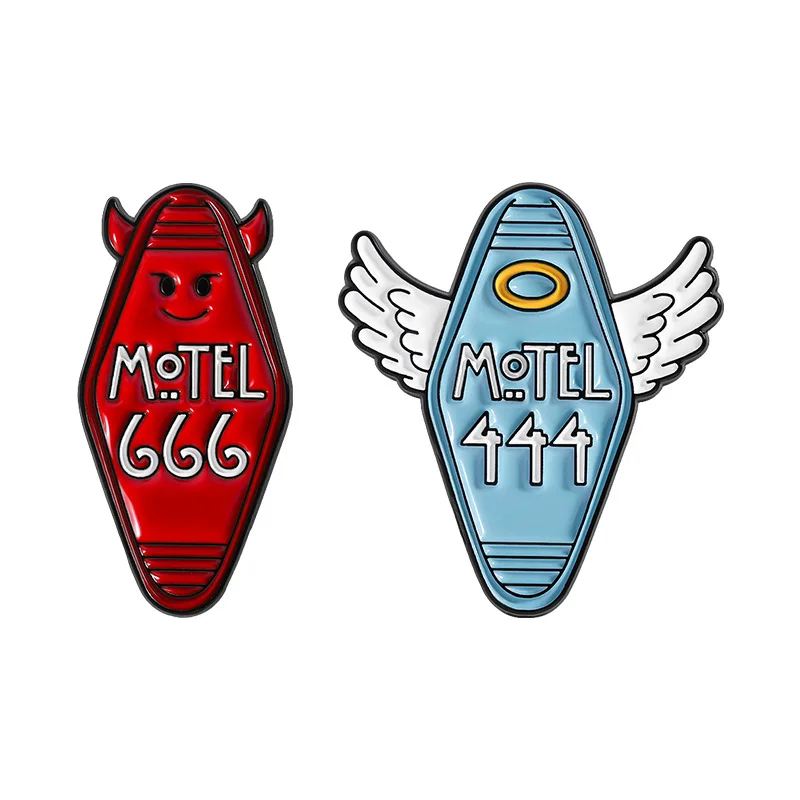 Cartoon motel house number series badges, devil angel shaped alloy pins, accessories for clothing and bags, gifts for friends