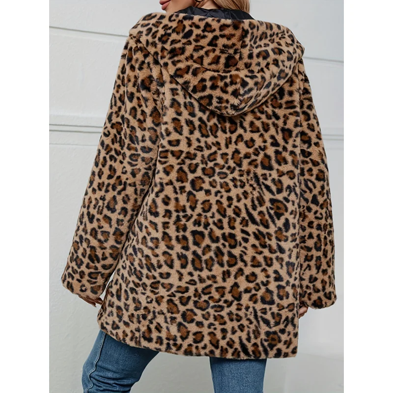 2024Leopard Print Stud for Autumn and Winter Fashion Temperament Imitation Fur with Pockets Loose Woolen Coat