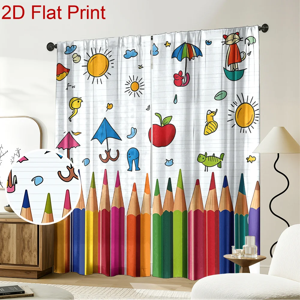 Colorful Pencil Doodle Curtains Kids Room Playful Drape with Sun & Apple Print for Children Bedroom Window Decoration
