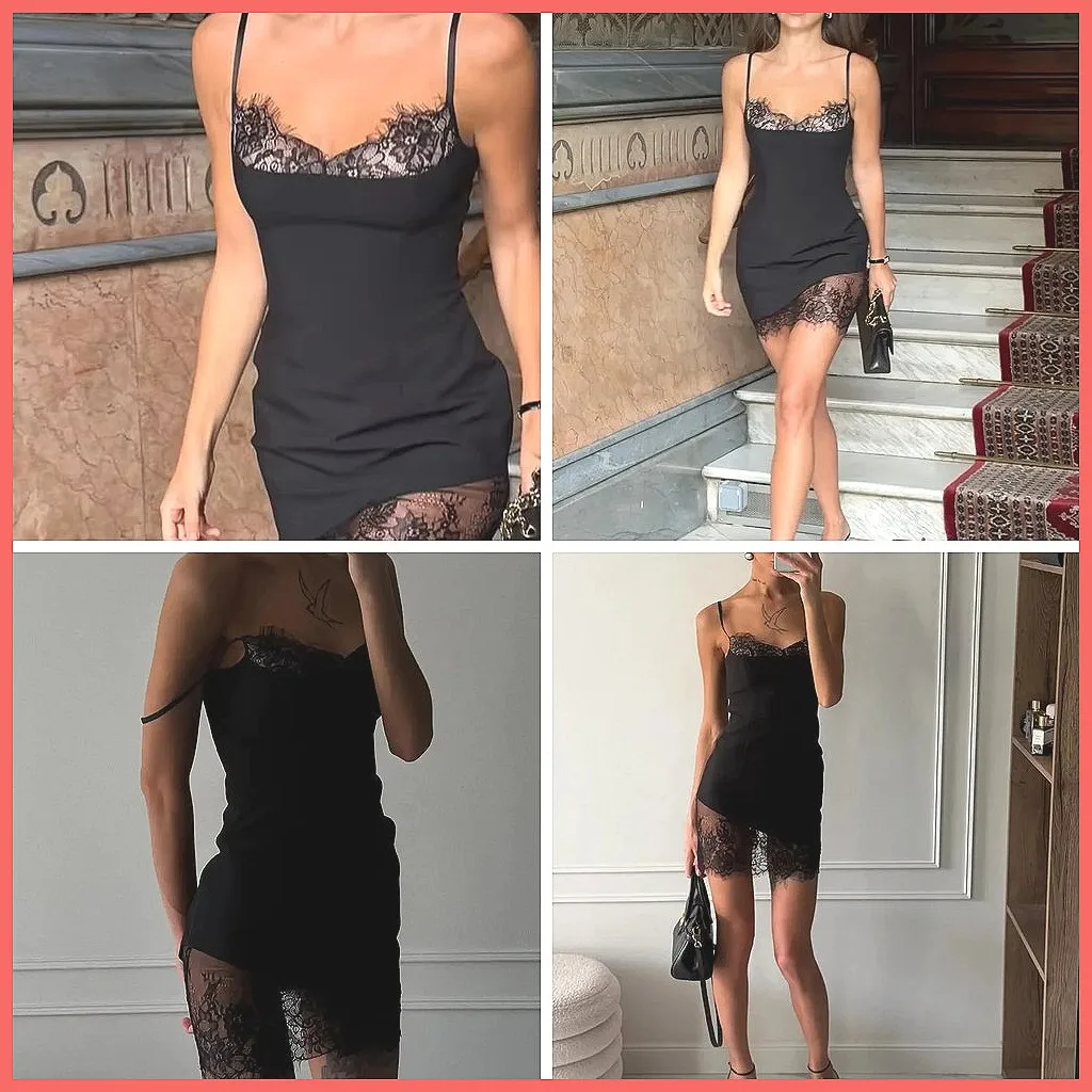 

Fashion Women's Lace Patchwork Mini Dress with Suspenders, V-Neck Sleeveless Party Gown for Daily Wear