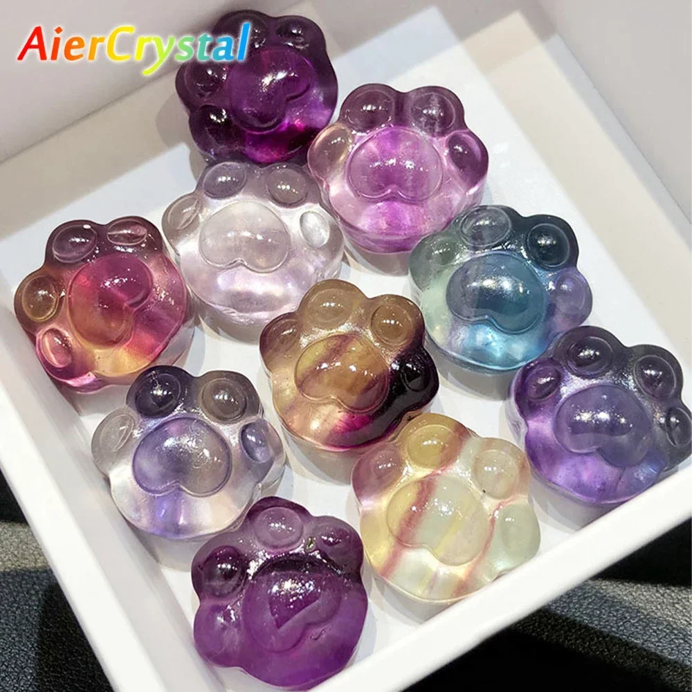 Natural Colored Fluorite Cat Paw Crystal Carving Stone Reiki Healing Treatment Gemstone Ornament Home Decor DIY Jewelry Necklace