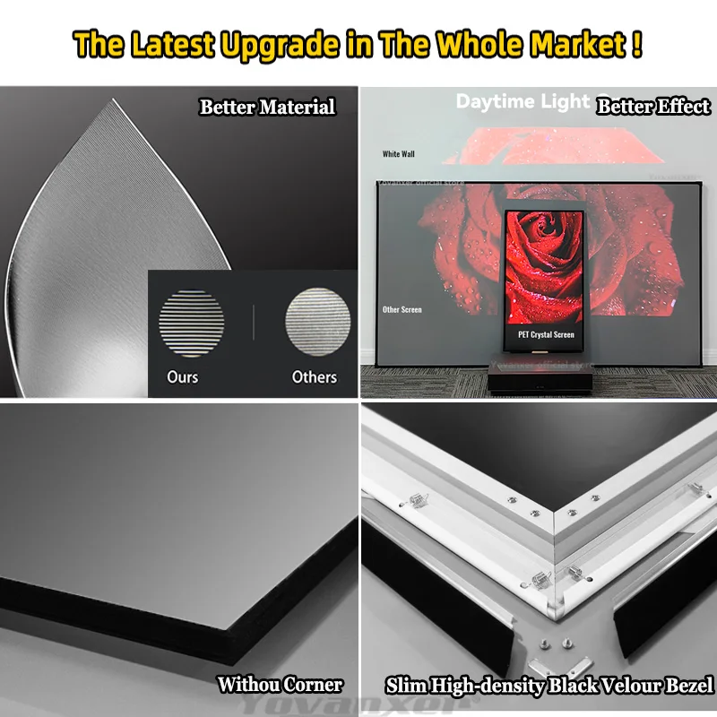 PET 크리스탈 프로젝션 스크린 80인치 블랙 그리드 고정 프레임 프로젝터 스크린 UST (초단초점 프로젝터용, 4K HD 지원)