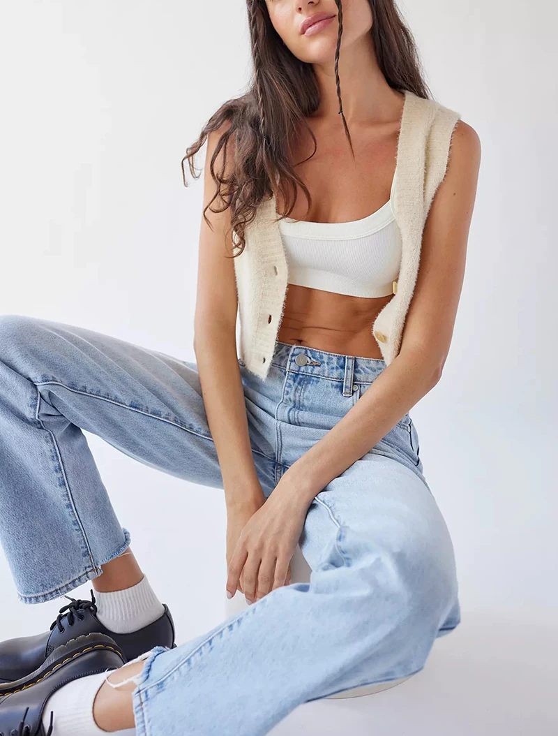 Gestrickte Baumwolle Frauen Rohr Top Stretchy Rippen Ärmellose Streetwear Schlank Weiß Crop Tops Sexy Sommer Tops Cami Femme – Detail 2