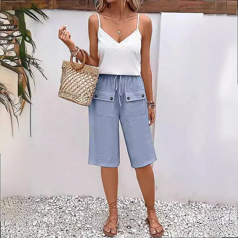 Loose Fit Women's Pants with Front Pockets, Mid-Length Drawstring Button Casual Trousers, Plus Size Lounge Pants