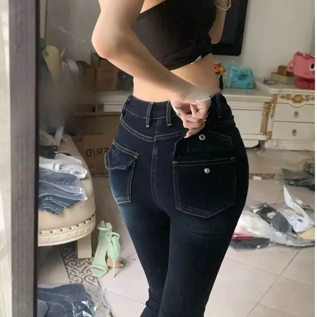 กางเกงยีนส์ทรงบานเอววีสีน้ำเงิน สำหรับผู้หญิงไซส์พลัส ช่วยยกสะโพก ผ้าฝ้ายผสมยืด ซิปหน้า สวมใส่สบายทุกฤดู