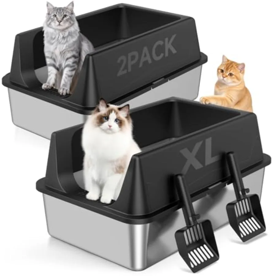 2 Pack XL Stainless Steel Litter Box with High Sides Shield for Multi Cat, Extra Large Tall Wall Open Top Deep Metal Pan for Bi