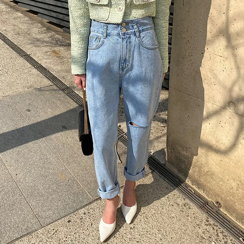 Chic High เอว Buttoned ket Ripped Waed ฤดูใบไม้ผลิฤดูร้อนเอวสูงกางเกงยีนส์สตรียาวกางเกงอเนกประสงค์กางเกงยีนส์ปุ่มคู่