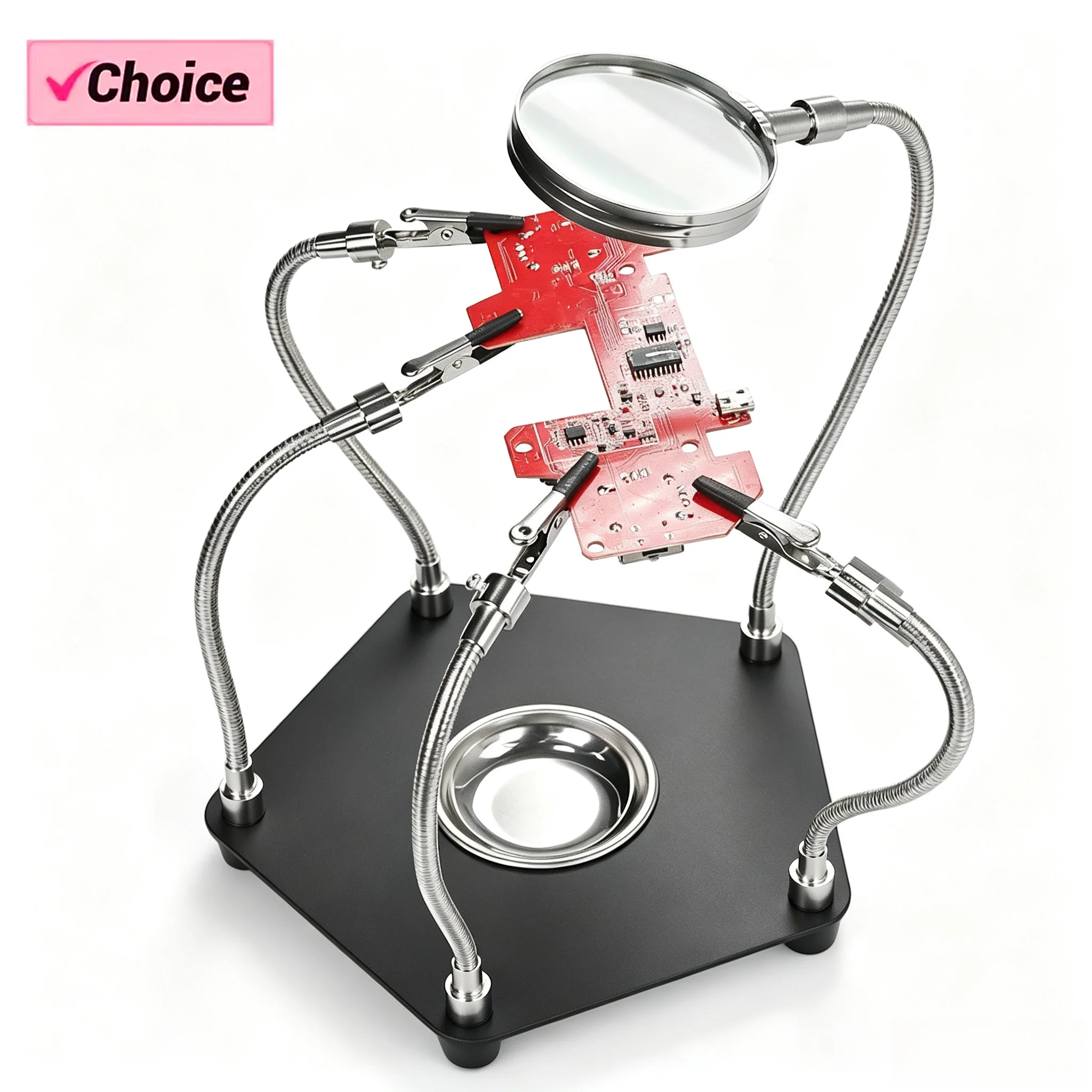 3X Magnifying Glass Helping Hands Soldering Stand Station PCB Holder Flexible Arms Metal Base Storage Tray for Electronic