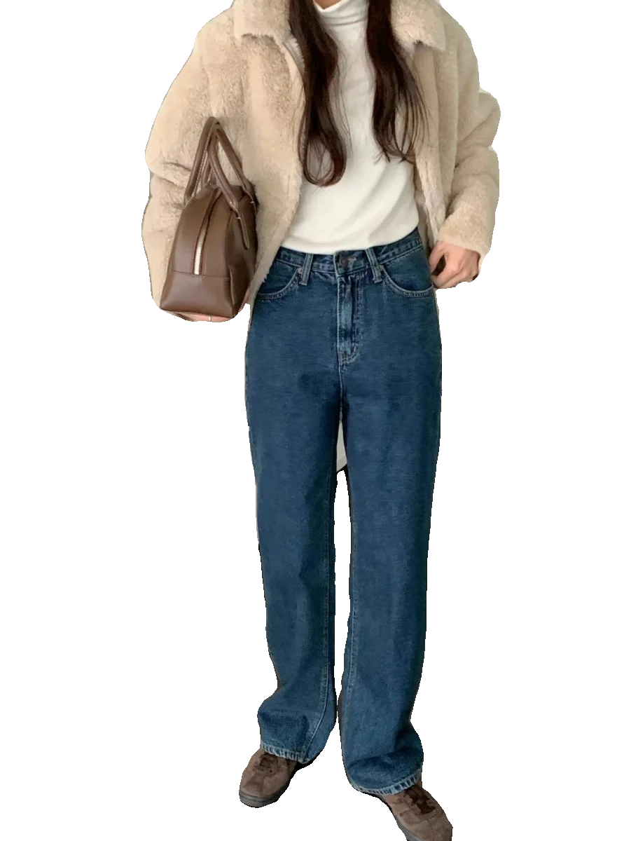 

High Waist Straight Leg Denim Jeans Women's Spring Autumn Winter High Waist Pure Color Long Trousers Leg a Korean Sle