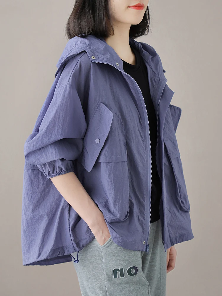 

Women's Summer New Loose Long Sve Hooded Breathable Lightweight Sun Protection Clothing Casual Versatile Thin ort Jaet