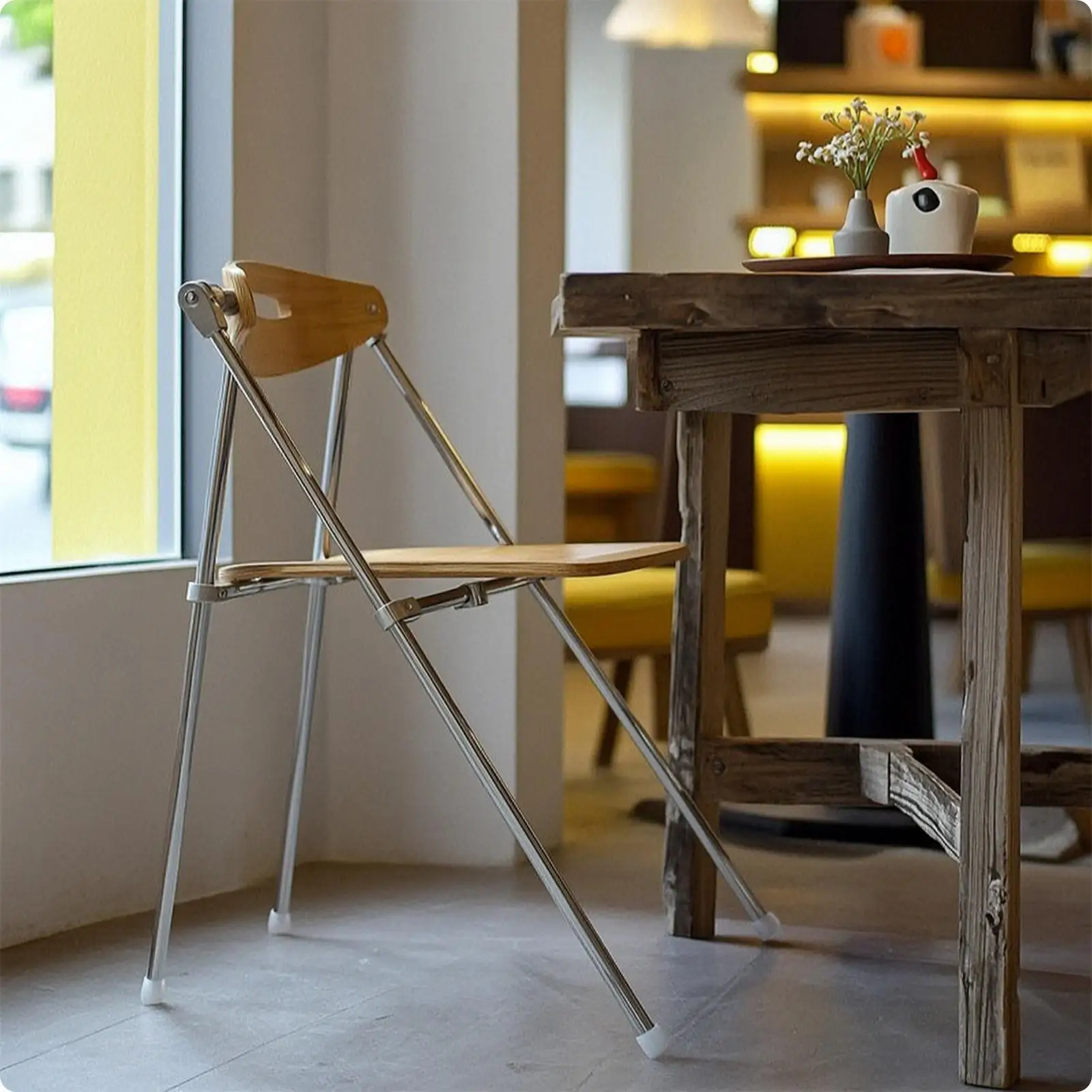 Folding for seat for Unexpected Guests with Silver Metal Frame and Wood for seat for Tight Spaces