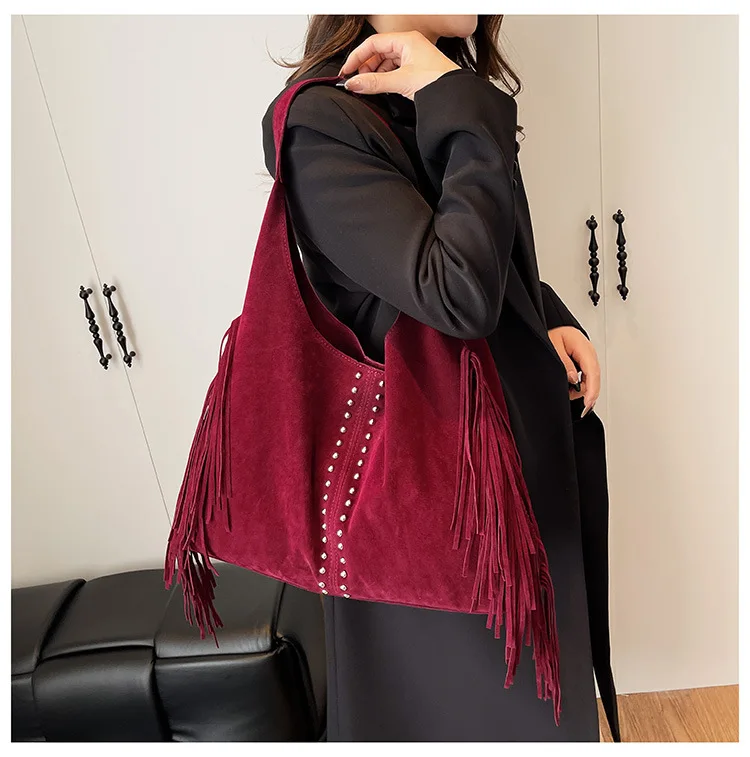 Damenhandtasche mit langen Quasten, große Kapazität, weiche Kunstwildleder-Schultertasche für Damen, Handtasche für Pendler, Hobo-Tasche, Einkaufstasche, Bolsas – Detail 31
