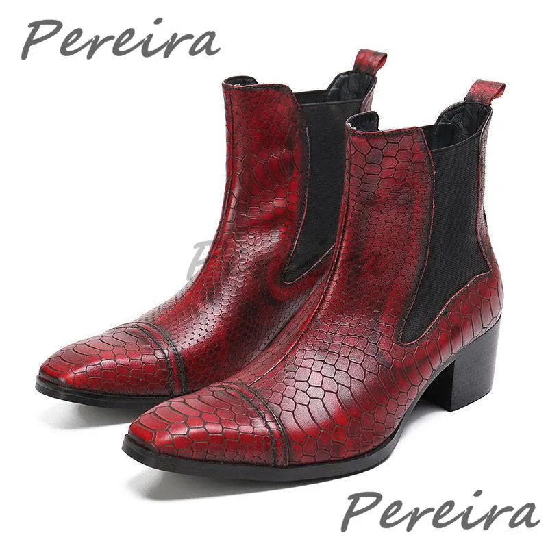 British Retro Handmade Men's Boots Wine Red Snake Pattern High Top Shoes Pointed Toe Thick High Heel Chelsea Boots for Party