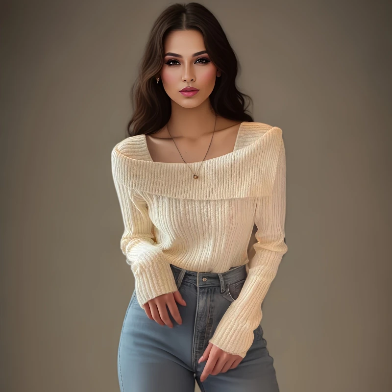 새로운 숙녀 스퀘어 넥 원 숄더 가을, 겨울 긴 소매 니트 스웨터 부드럽고 편안한 캐주얼 바닥 풀오버