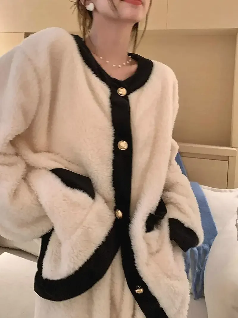 Conjunto de pijama de franela para mujer, ropa de dormir de terciopelo más grueso, cálido, con paneles, suave, moda coreana, combina con todo