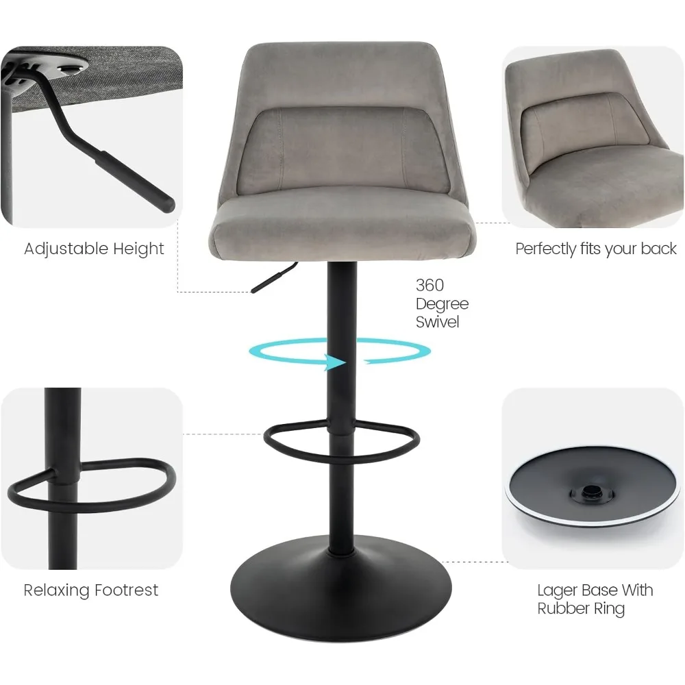 Contemporary Velvet-Covered Swivel Bar Stools: Adjustable High-Back Counter Height Chairs for Kitchen Islands